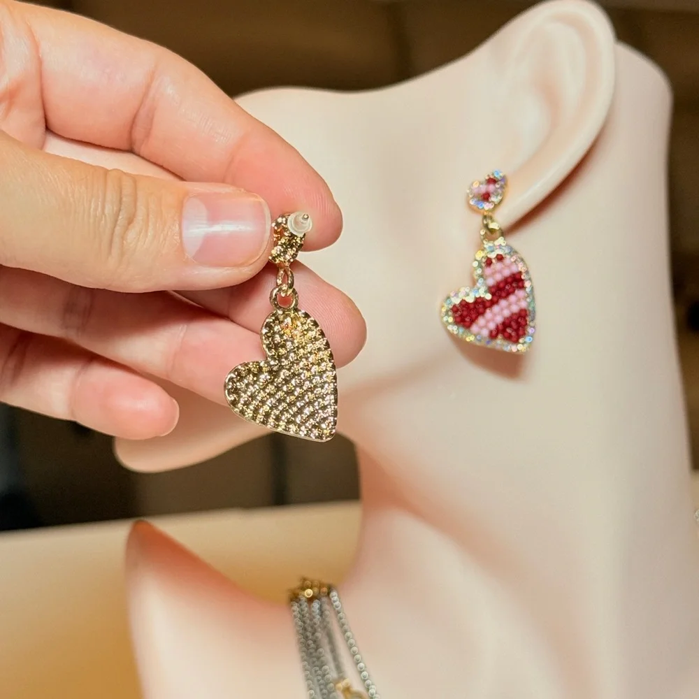 Red Beaded Heart Drop Earrings - Women Jewelry